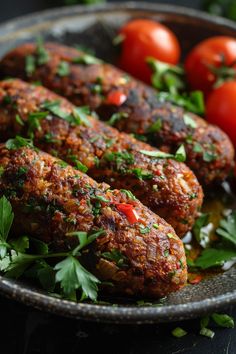 Three grilled vegetable kebabs garnished with fresh parsley, served with whole tomatoes. Fried Kibbeh Recipe, Kibbeh Recipe, Au Gratin Potato Recipes