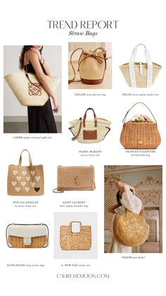 In years past, straw bags might have been reserved just for the beach, but more recently they have been considered an essential summer accessory and are worn everywhere. From small shoulder bags you can wear to dinner or even to a summer wedding to large slouchy totes you can wear to the beach or shopping, here are 10 bags to elevate your summer style. 

Loewe leather-trimmed woven raffia tote
Chloé woven palm basket tote
Isabel Marant woven straw tote
Saint Laurent kate raffia shoulder bag
... Summer Shoulder Bag, Loewe Beach Bag, Loewe Raffia Bag, Beach Basket, Slouchy Tote, Frances Valentine, Tote Outfit, Small Shoulder Bags