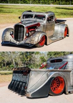 two pictures of an old car with red rims and chrome paint on the side