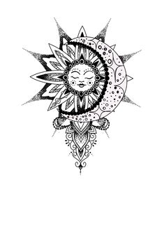 a black and white drawing of a sun with a face in the middle of it