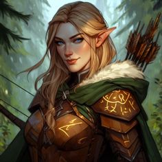 a woman with blonde hair wearing a green cape and holding a bow in the woods