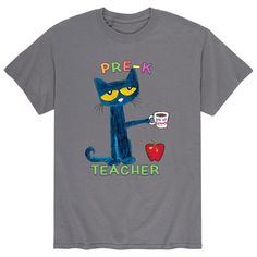 a gray t - shirt with an image of a cat holding a cup and the words first grade teacher on it