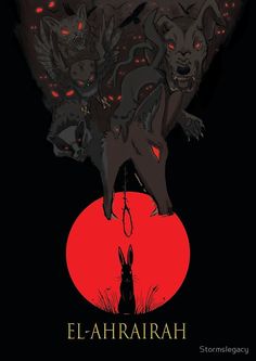 the poster for elahriah is shown with three wolfs in front of a red sun