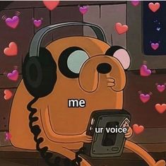 a cartoon dog with headphones on and holding a cell phone in his hand while surrounded by hearts