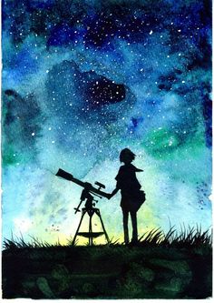 a painting of a girl looking at the stars with a telescope in front of her