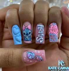 Manicure Stitch, Stitch Nail Designs, Nails Stitch, Stitch Nail Art, Stitch Nails, Gender Reveal Nails, Pink Black Nails, Anime Nail