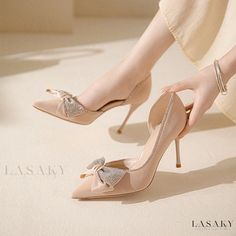 Lasaky - Glamorous Shoes with Decorative Fastening and Fine Heel Beige Round Toe Heels For Evening, Party Heels With Round Toe In Beige, Beige Round Toe Court Shoes For Party, Party Heels With Reinforced Heel In Beige, Beige Party Heels With Reinforced Heel, Leather Wedding Shoes With Pointed Toe For Party, Beige Synthetic Heels For Party, Beige Synthetic Party Heels, Beige Open Toe Court Shoes For Party