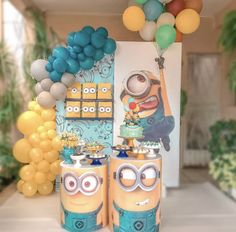 minion themed birthday party with balloons and decorations