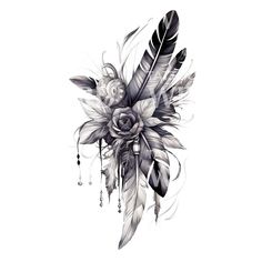 a drawing of flowers and feathers on a white background