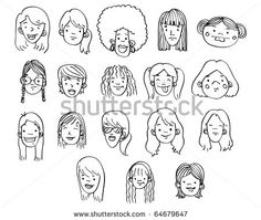 set of hand drawn women's faces with different hair styles and hairstyles