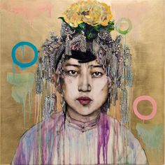 a painting of a woman with flowers on her head and rings around her neck, in front of a white wall