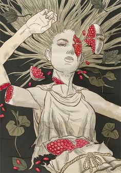 a drawing of a woman with her hands in the air and raspberries on her hair