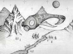 a pencil drawing of a fish in the air with mountains and trees behind it,