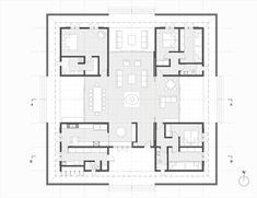 the floor plan for a house with three rooms and two living areas on each side