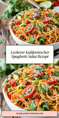 two pictures showing different types of spaghetti and vegetables with the title text above it that reads lecker kalliflornscher spaghetti - salat kezept