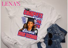 Custom Graduation Shirt **100% Polyester T-Shirt** Customized to color scheme, graduate photos, graduate name, graduate school with the template shown.  **Unisex Size T-shirt( Runs Big On Women) **Sublimation Printed** **WHITE SHIRT ONLY** Due to this item being custom designed and printed it is FINAL SALE and can not be exchanged or refunded due to the customization of the product. Customizable Crew Neck T-shirt For Graduation, Customizable Graduation T-shirt With Crew Neck, School Spirit T-shirt With Custom Print For Graduation, Custom Print T-shirt For Graduation Gift, Customizable T-shirt For Graduation Gift, White Custom Print T-shirt For Graduation Party, Customizable Casual T-shirt For Graduation, Customizable School Spirit T-shirt For College Events, Customizable White T-shirt For Graduation