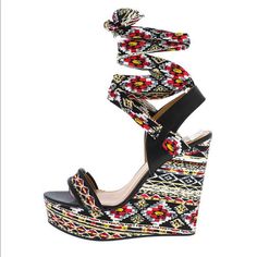 Beautiful Embroidered Wedge Heel - So Cute! Can Be Dressed Up Or Casual. Bohemian Wedge Heels For Spring, Bohemian Summer Party Heels, Bohemian Platform Wedge Heels, Summer Festival Platform Heels, Summer Festival Wedge Sandals, Summer Festival Wedge Heel Sandals, Multicolor Summer Festival Heels, Party Multicolor Wedge Sandals, Party Multicolor Wedge Heel Sandals