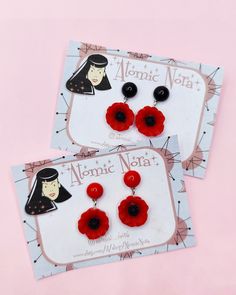 Sweet earrings inspired by Vintage 50's jewelry  These are hypoallergenic and nickel free post earrings If you would like the clip-on earrings please contact me!  They are perfect to match with the necklace and brooch!  Length 3 cm approx. Poppies 1.8 cm approx. flat inside  Red or black resin cabochon dome 10 mm approx.  You can decide the earrings with black or red dome  Like any Handmade product may have small imperfections  For any needs please do not hesitate to contact me, I will be happy Rockabilly Earrings, 50s Jewelry, Resin Cabochon, Sweet Earrings, Rockabilly Style, Black Resin, Free Post, Dangling Earrings, Spring Style