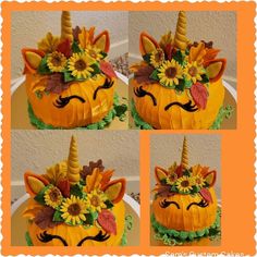 three pictures of a pumpkin decorated like a unicorn's head with sunflowers and leaves