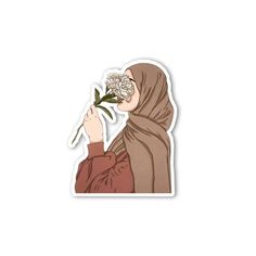 a sticker with the image of a woman holding flowers in her hand and wearing a headscarf