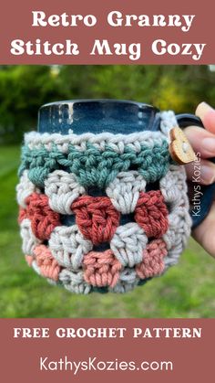 a crocheted mug cozy with text that reads retro granny stitch mug cozy