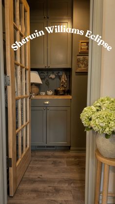 an open door leading to a kitchen with gray cabinets