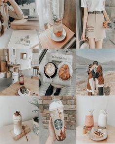 a collage of photos with coffee and food