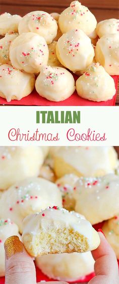 italian christmas cookies with white frosting and sprinkles on red tray next to the recipe