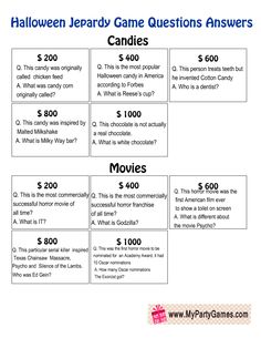 halloween party game questions answer sheet for the movie, which is $ 100 and what is $ 500?