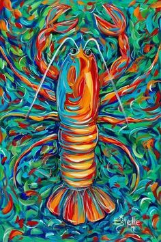 a painting of a lobster on blue and green background with red, orange, and yellow colors