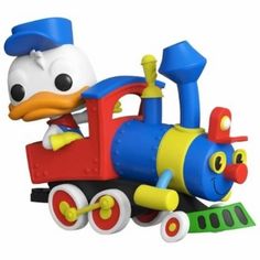 a cartoon duck riding on top of a toy train