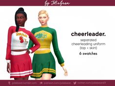 two female cheerleaders are standing next to each other in different colors and sizes