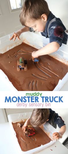 a young boy is playing with muddy monster trucks in the play dough dish that he made for his birthday party