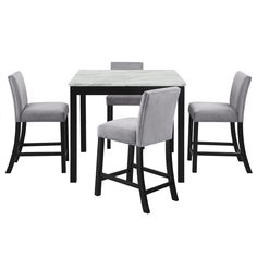 a dining table with four chairs and a white marble topped top on an isolated white background