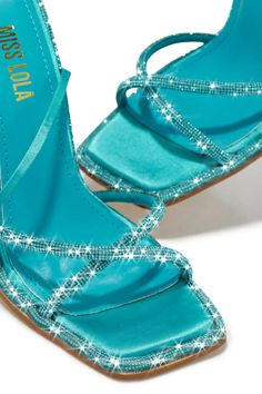 Miss Lola | Crystal Aqua Embellished Lace Up High Heels – MISS LOLA Hoco Heels, Teal High Heels, Aqua Heels, Heels For Prom, Hoco Shoes, Quince Planning, Prom Blue, Ribbon Heels, Turquoise Heels