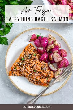 salmon and potatoes on a plate with text overlay