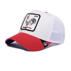 a white and red trucker hat with rooster on it