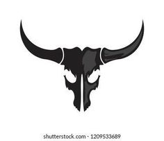 the bull's head is black and white with long horns, on a white background