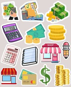 various stickers with different items on them