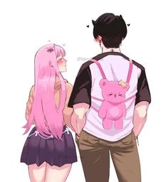 a man and woman with pink hair are looking at each other while the girl is holding a teddy bear