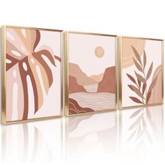 three abstract paintings on a white background each have different shapes and sizes, including palm trees