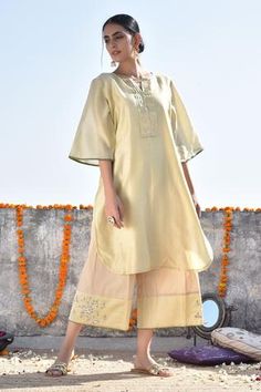 Shop for Kanika Sharma Yellow Chanderi Kurta And Palazzo Set for Women Online at Aza Fashions Kurta And Palazzo, Indo Western Dress, Women Kurta, A Line Kurta, Palazzo Set, Utsav Fashion, Handwoven Fabric, Straight Kurta, Indian Fashion Designers