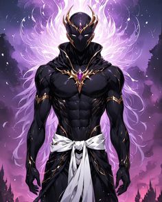 an anime character standing in front of a purple sky with lightning coming out of his chest