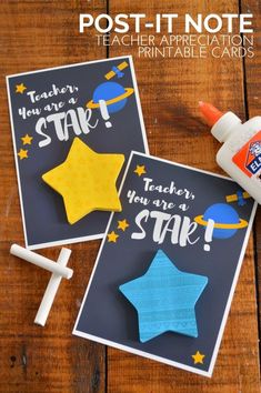 two cards with stars on them, one for teacher appreciation and the other for star