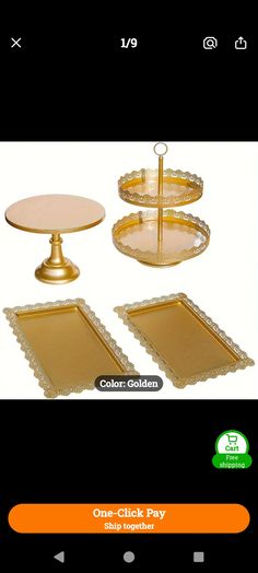 two trays and one cake stand are on the same page, both have gold trim