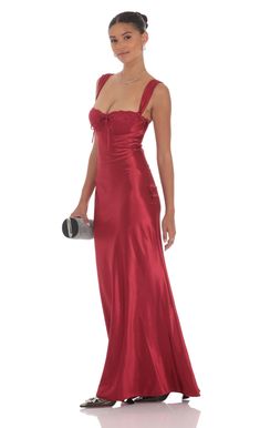 Designed in Los Angeles- Maxi Length- Zipper closure- Unlined- Made in satin fabric- Hand wash coldModel is wearing a size small that measures 57in/145cm in length Slight modifications might be made to improve garment quality.Handling the garments with care, hand-washing and air-drying is strongly recommended. Red Satin Maxi Dress, Red Silk Satin Dress For Formal Occasions, Red Fitted Satin Dress For Formal Occasions, Fitted Lined Satin Dress, Fitted Satin Evening Dress With Lining, Red Satin Lined Dresses, Dress Satin, Satin Fabric, Hand Washing