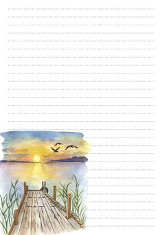 a watercolor drawing of a dock with birds flying in the sky and sunset behind it