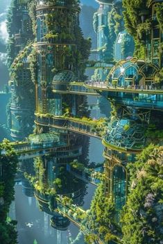 a futuristic city surrounded by trees and water