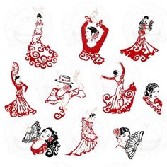 red and black silhouettes of flamenco dancers on a white background with an ornate border