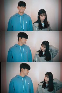 four different shots of a man and woman with long black hair, wearing blue hoodies